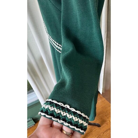 Vintage 60s dress, forest green, mock waistcoat, faux vest bodice, striped trim - Picture 5 of 10